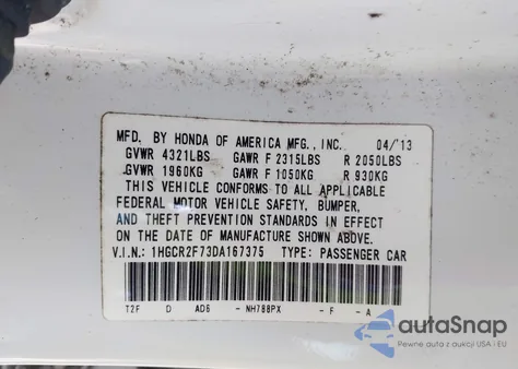 2013 Honda Accord Ex z USA, uszkodzony, nr VIN 1HGCR2F73DA167375